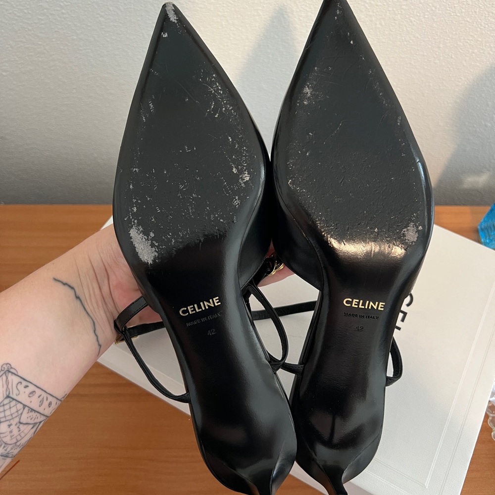 Celine Kitten T-Strap Heels with gold Triomphe Detail - Picture 3 of 5